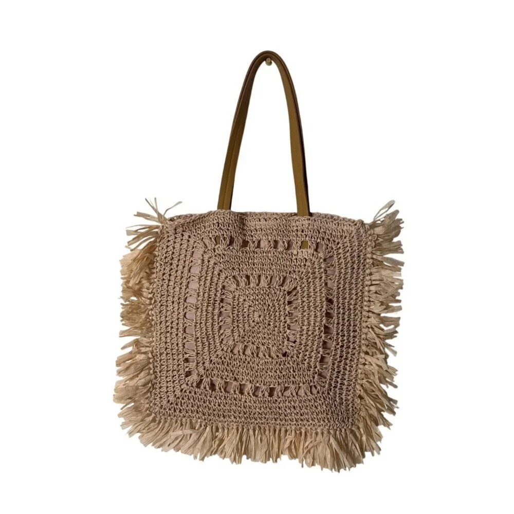 Tamara Square Tote Bag With Fringe Design & Faux Leather Straps - Blush Color